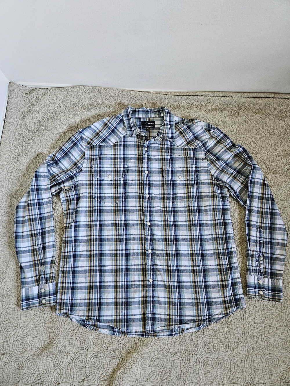 Lucky Brand Men's Long Sleeve Pearl Snap, Saturday Stretch, Blue Plaid, Size XL